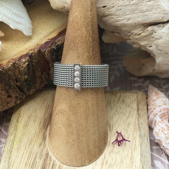 Stainless Steel Mesh CZ Ring Size 8 - Picture 2 of 6